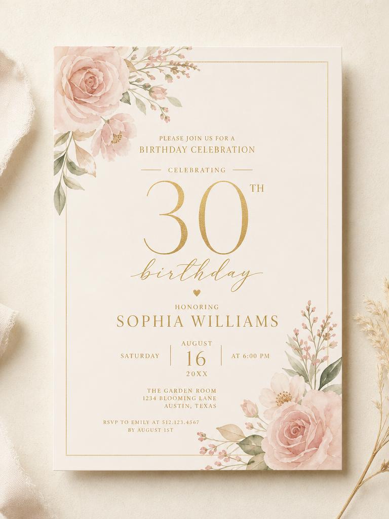 Convite de aniversário feminino floral exibido em um celular