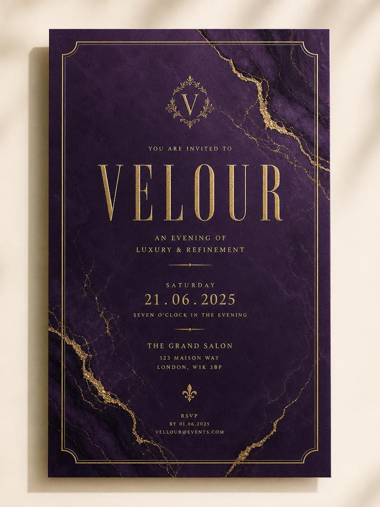 Convite de evento de luxo em roxo profundo com detalhes dourados